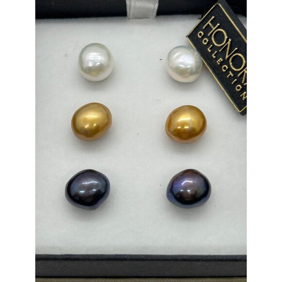 Honora Collection Freshwater Potato Pearl Stud Earrings Set in White Gold Black - Picture 4 of 16